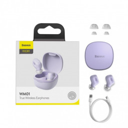 Мобильная Bluetooth-гарнитура TWS Baseus Encok WM01 BT5.0/60mAh (300mAh)/6ч (NGWM01-05) сиреневая