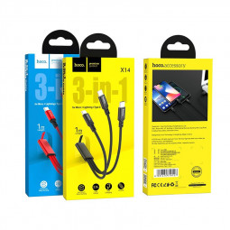 Usb Кабель-зарядка Hoco X14 Times speed 3in1 Lightning/Micro/Type-C 2.4A 1м в тканевой оплетке красн