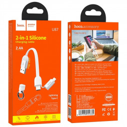 Usb Кабель-зарядка Type-C Hoco U87 Cool на Lightning/Type-C 2.4A 0.2м плоский силиконовый белый