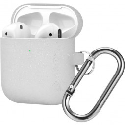Силиконовый чехол для AirPods с карабином серебристый с блёстками