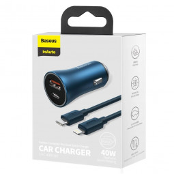 Автомобильное заряд. устр. Baseus Golden Contactor 1USB+1C кабель Type-C-Lightning TZCCJD-03 синее